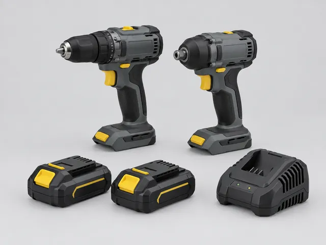 Cordless drill and impact driver kit with two batteries and a charger
