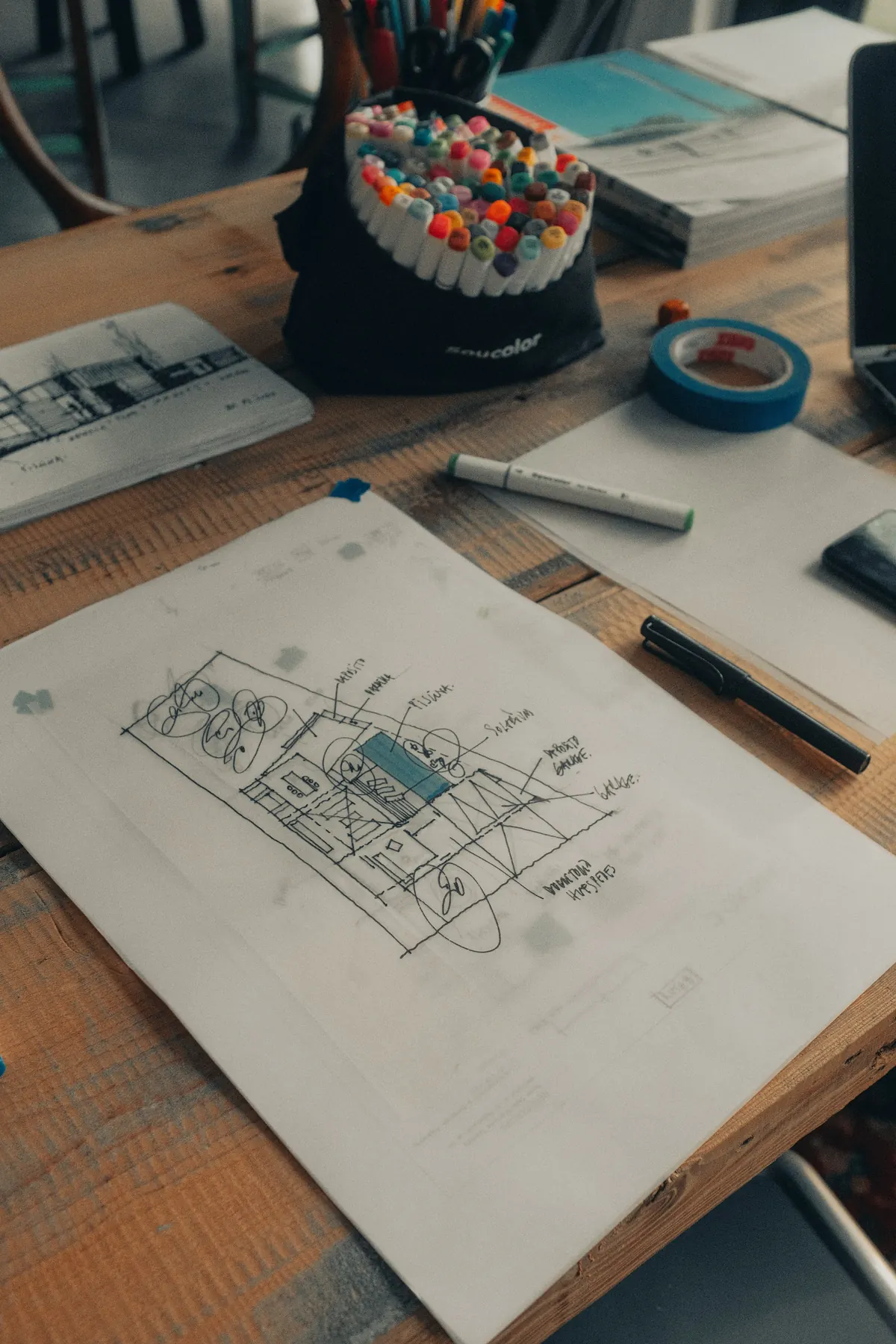 Project drawings and a pen on a work table